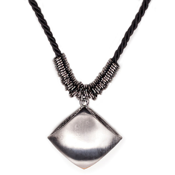 Versatile Pewter 3D Pendant & Rings Necklace, Braided Cord, Casual or Dressy, New York, NY N014-01