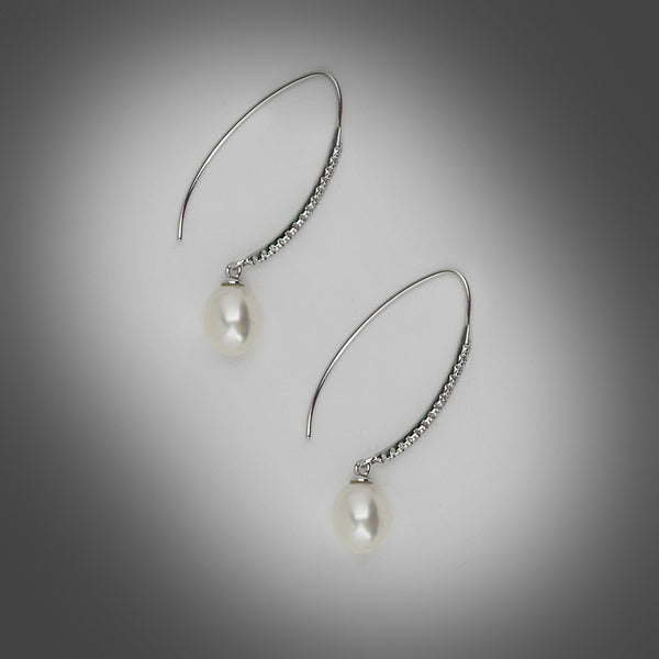 Handmade Unique Style Earrings Cubic Zirconia Gemstones Cultured Fresh Water Pearls Rhodium Plated Sterling Silver  Comfortable, no backs to tighten Looks great from the back too Size: Length 1", 2.54 cm Clean with mild liquid soap and a soft cloth 