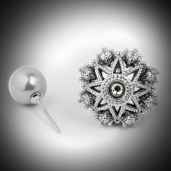 Unique &Elegant Rhodium Plated Sterling Silver Earrings, Faux Grey Pearls, Cubic Zirconia LA C027-01