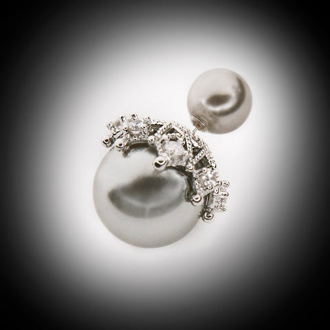 Unique &Elegant Rhodium Plated Sterling Silver Earrings, Faux Grey Pearls, Cubic Zirconia LA C027-01