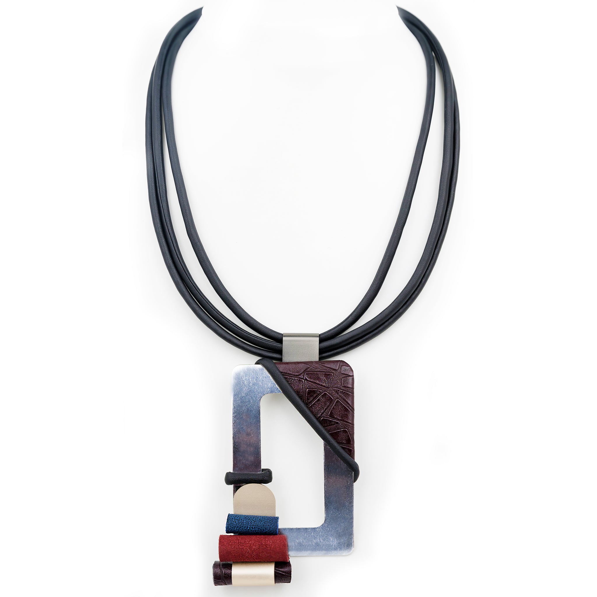 Unique Designer Handmade Necklace, Leather, Suede on Pewter Metallics, Santa Fe S045-04A
