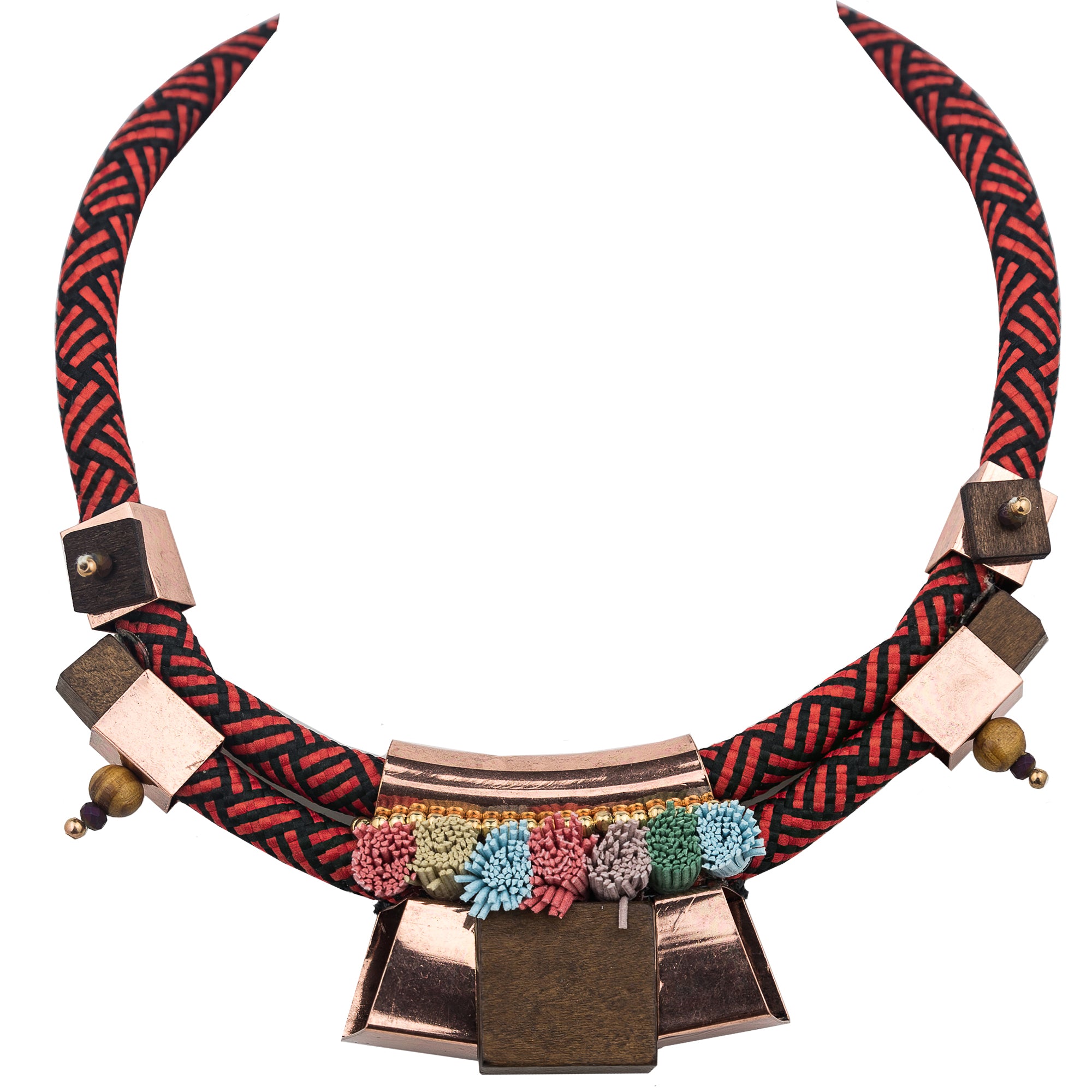 This artistic handmade necklace makes a great addition to any look! Eclectic, fun and frivolous  Copper, wood, and faux leather enhancements Red and black intricately patterned soft cloth cord Lobster claw clasp Adjustable length to 8”-9”, 20.3cm-22.86cm