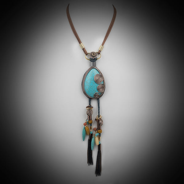 Unique Quality Handmade Necklace, Turquoise, Amber, Crystal, Wood, Copper, Bronze, Santa Fe S065-05
