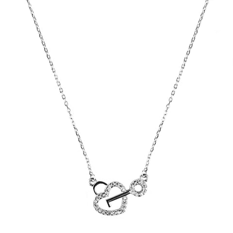 Unique Sterling Silver, Cubic Zirconia “Key To Your Heart" Necklace, Women Girls, Charlotte C018-01