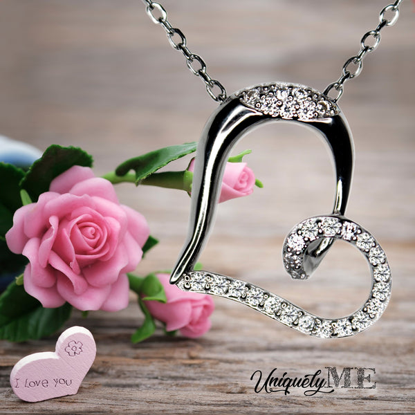 “I Love You” Heart Elegant Necklace, Rhodium Plated Sterling Silver, Zirconia, Charlotte C063-03