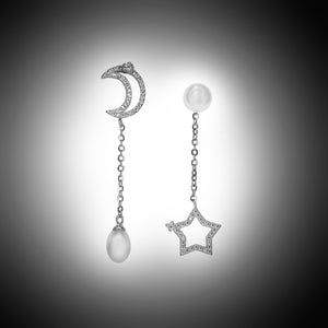 Silver Rhodium Plated Sterling Silver Earrings Cultured Fresh Water Pearl, Cubic Zirconia LA C022-01