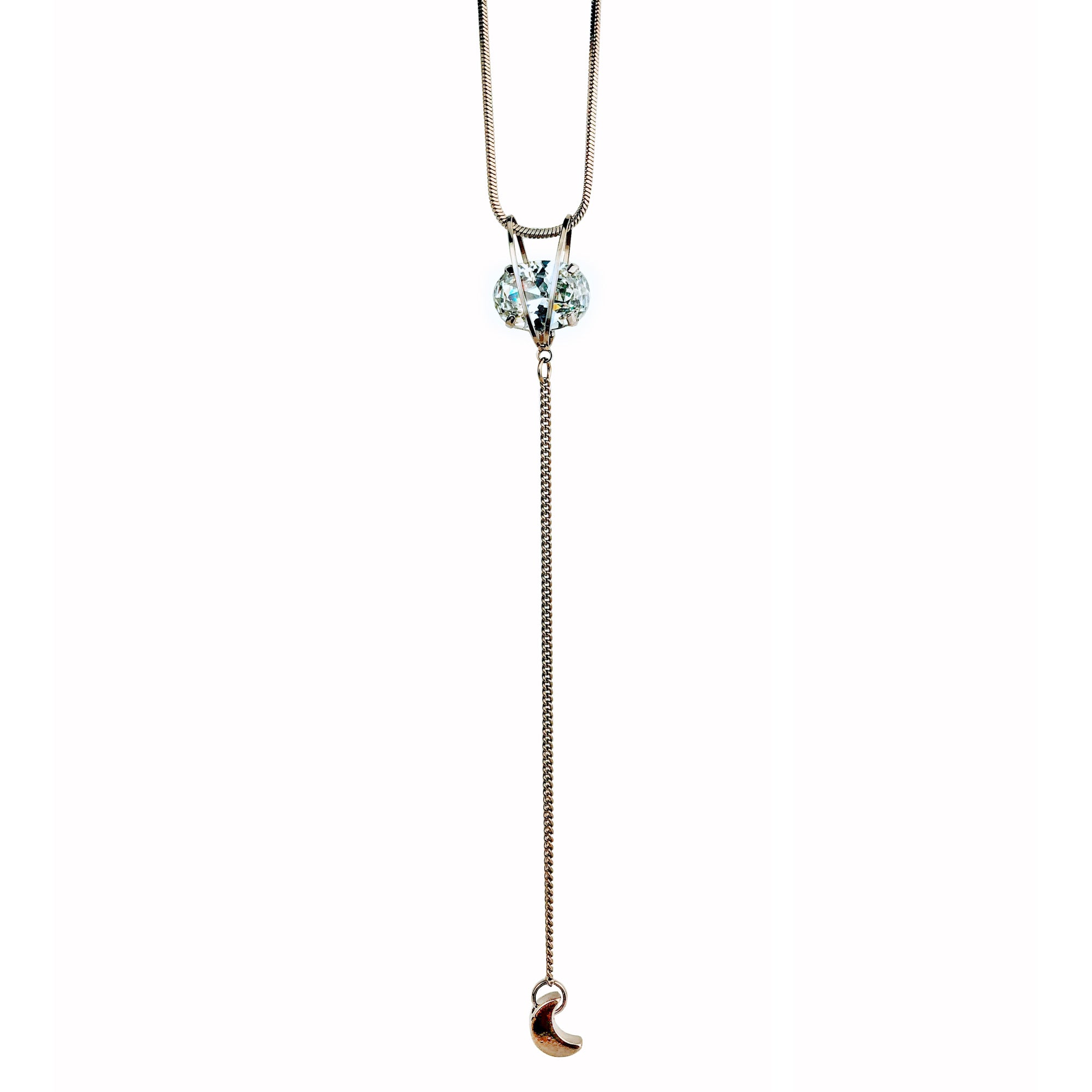 Minimalist Necklace Simmering Clear Pale Blue/White Faceted Crystal & Moon Drop New York, NY N015-01