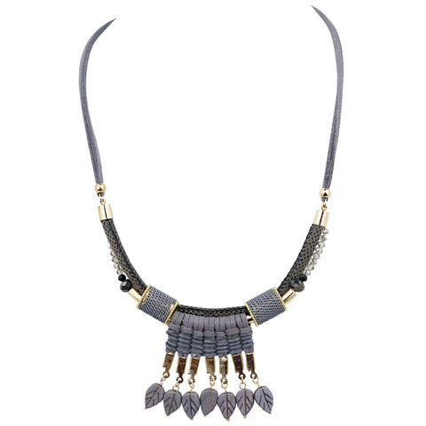 Unique Stylish Fawn-Gray Necklace with Faceted Crystals, Gold & Gray Leaf Drops Santa Fe S036-02
