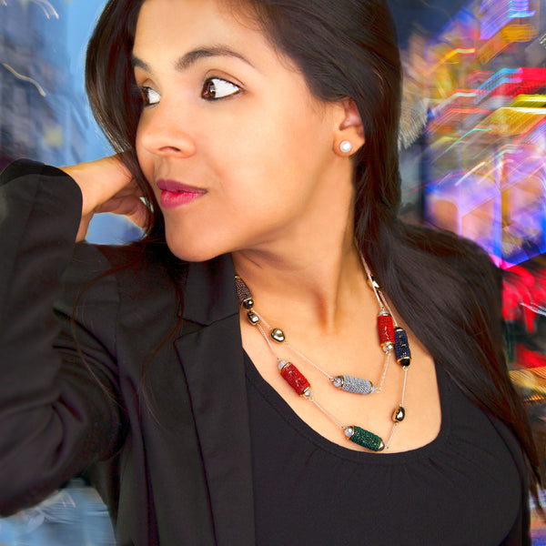 Are you working from home? this necklace is perfect for Zoom meeting! stylish & fashion jewelry.  Unique Handmade Classic Necklace, Double Strand of Wound Colored Metallics, Faceted Crystal and Golden Nuggets, Ideal for "Anywhere" Wear  Santa Fe S037-02
