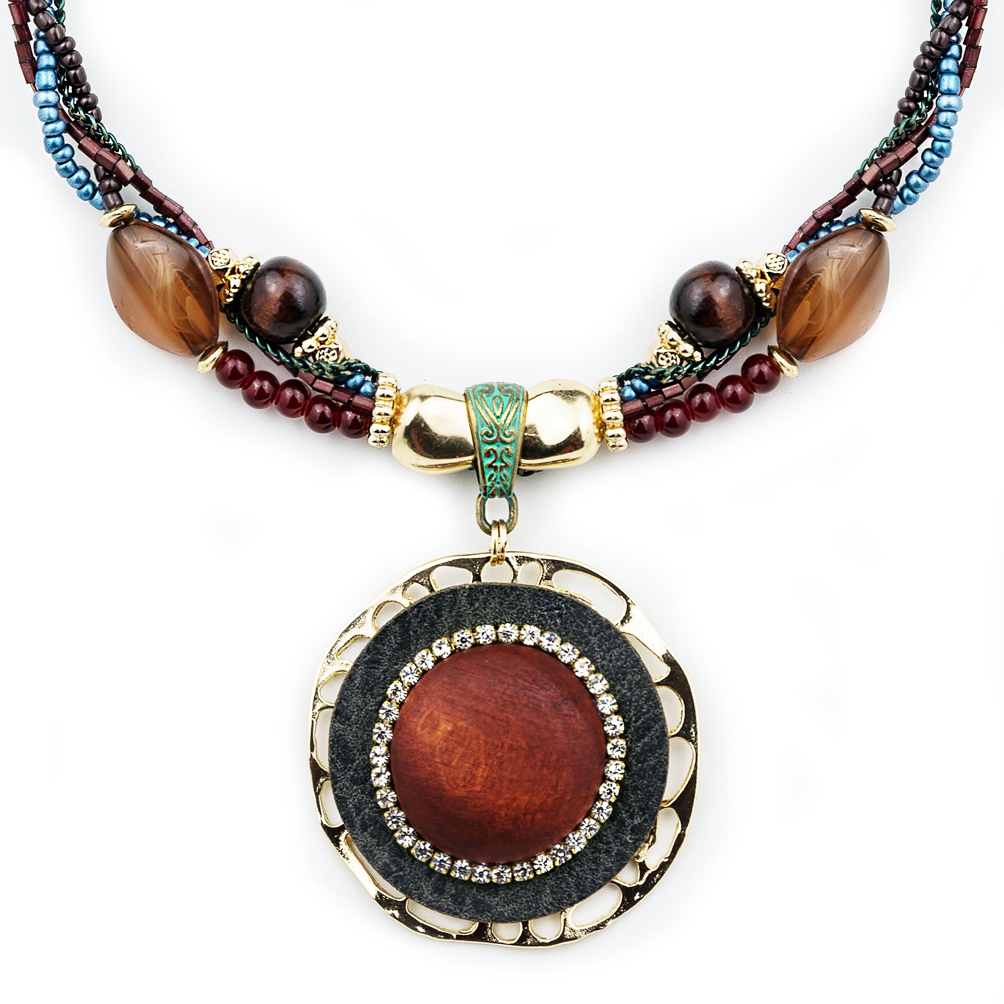 Unique Necklace Hand-Strung Beads Braided, Cubic Zirconia Encircling Wood, Crystal, Santa Fe S038-03