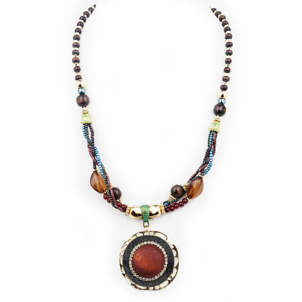 Unique Necklace Hand-Strung Beads Braided, Cubic Zirconia Encircling Wood, Crystal, Santa Fe S038-03