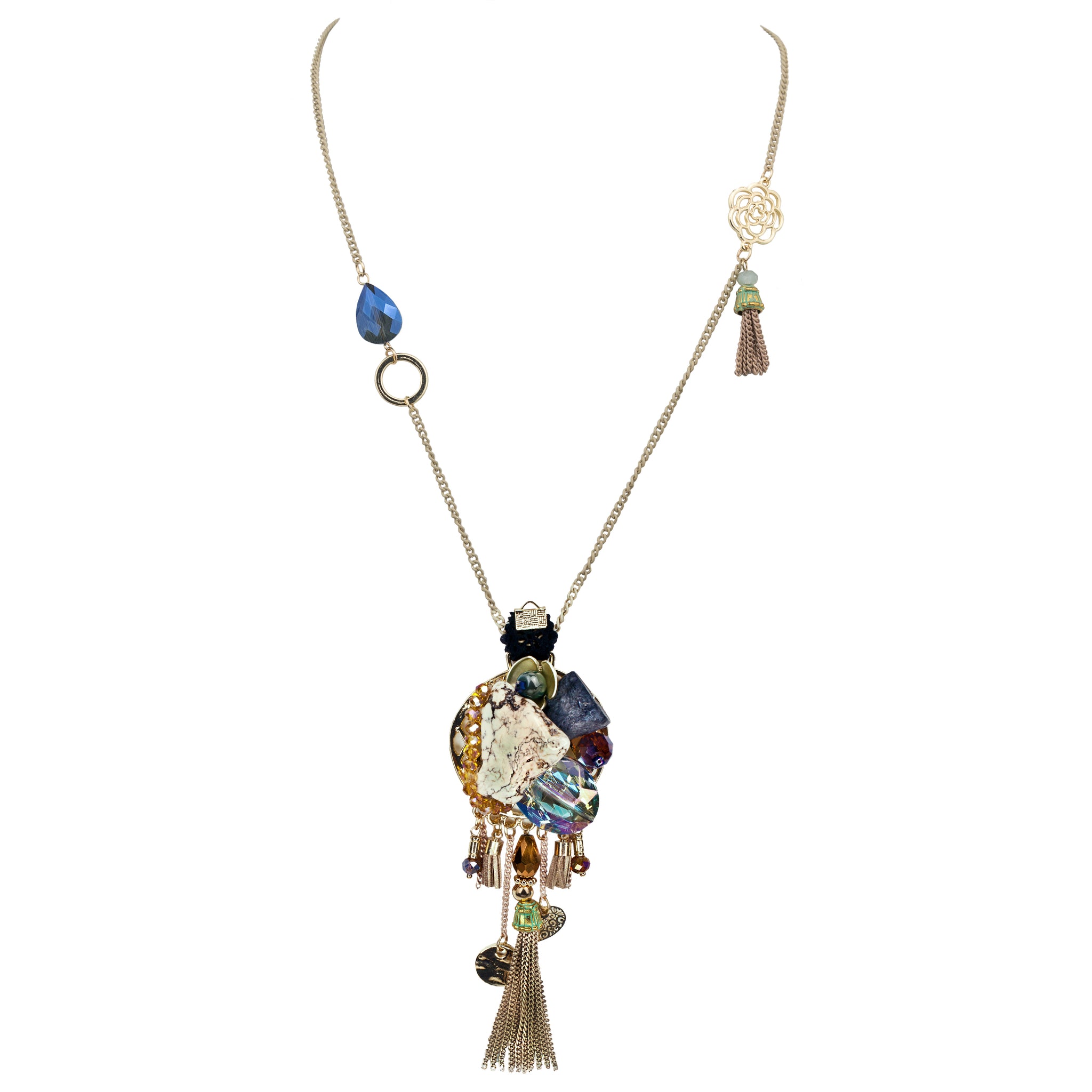 Unique and Versatile Necklace Of River Washed Stones With Faceted Crystals, Santa Fe S043-03