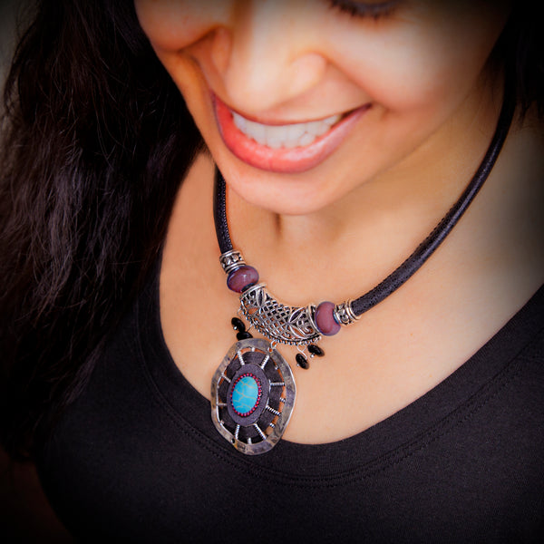 Unique Handmade Turquoise Necklace, Silver Filigreed, Faux Leather, Suede, Santa Fe S044-04