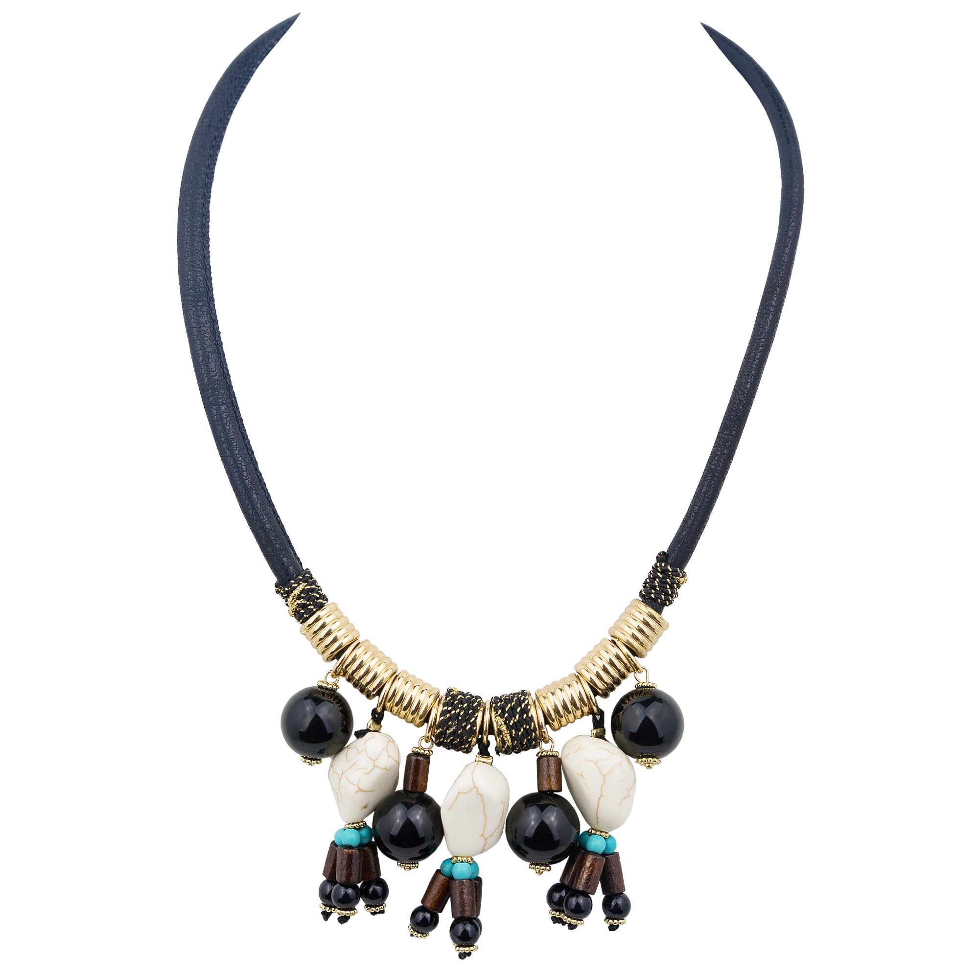 Genuine River Washed Stones Necklace, Turquoise, Wood, Beads & Skin Leather Thong, Santa Fe S048-05