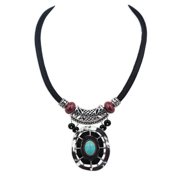 Unique Handmade Turquoise Necklace, Silver Filigreed, Faux Leather, Suede, Santa Fe S044-04